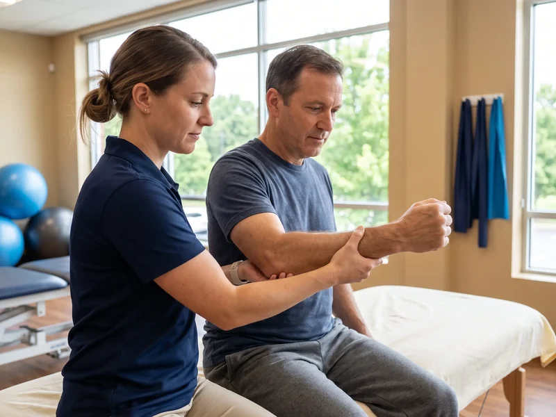 Physical therapist testing a patient's grip strength and elbow tendon pain