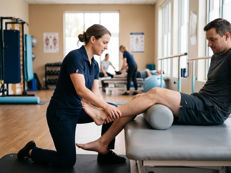 Physical therapist assessing a patient's ankle mobility and single leg balance