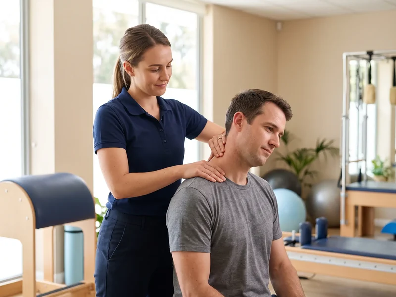 Physical therapist testing a patient's neck rotation to find the segment driving their headaches