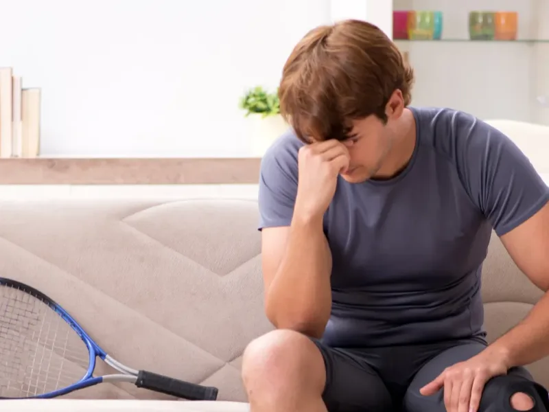Athlete sitting at home holding a braced knee after a sports injury