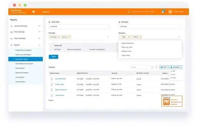 PtEverywhere patient portal dashboard showing appointment reports