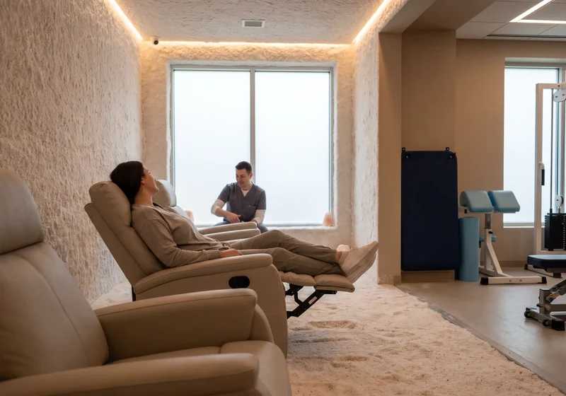 Halotherapy room with fine dry salt dispersed into the air at a physical therapy clinic