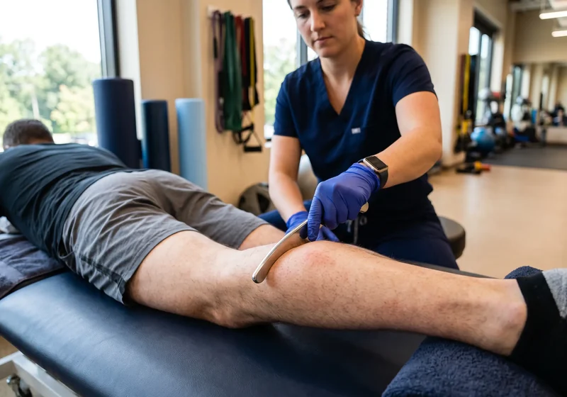 Clinician performing instrument-assisted soft tissue mobilization along a patient&rsquo;s leg