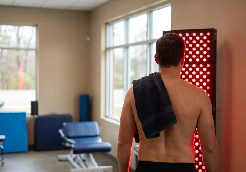 Red light therapy panels glowing in the recovery room at a physical therapy clinic